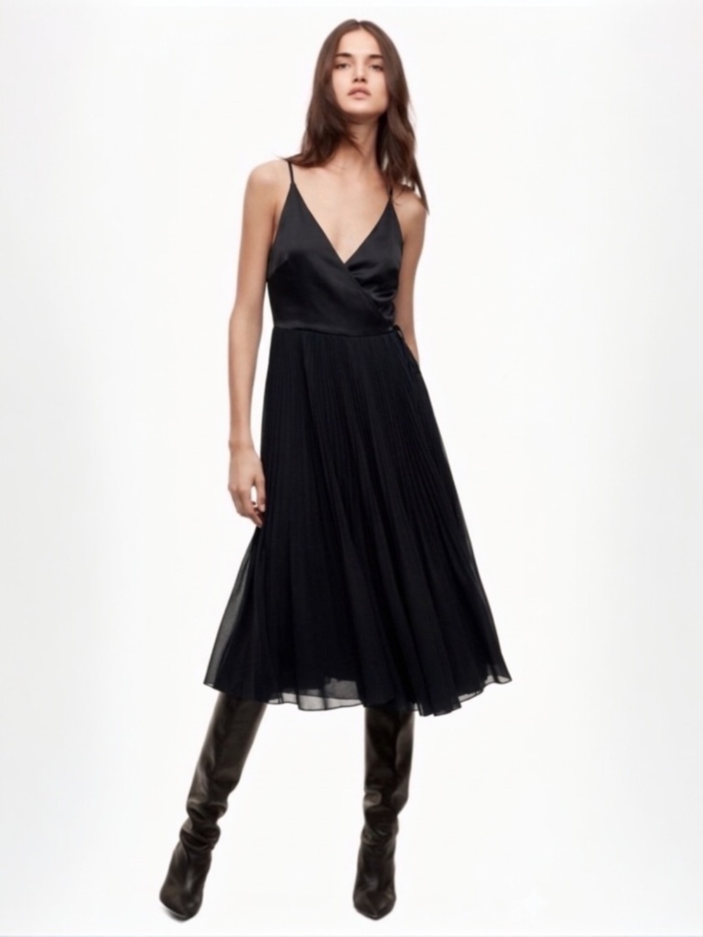 Aritzia Wilfred Beaune Midi Dress XXS Black Pleated Ballet Core Wrap Archival